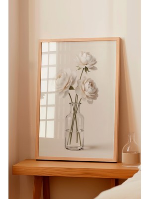 Zestia Ahşap Çerçeveli  Duvar Tablosu Cam Vazoda Üç Beyaz Şakayık Nötr Minimal Natürmort Salon Dekoru