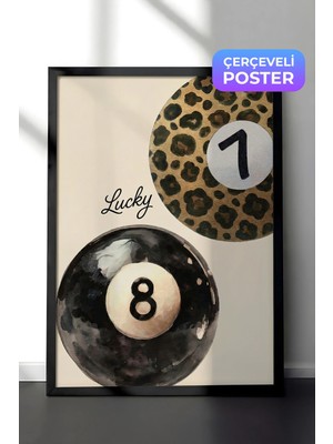 Zestia Siyah Çerçeveli  Duvar Tablosu Lucky Yazılı Leopar Desenli Bilardo Topu Sulu Boya Salon Dekoru
