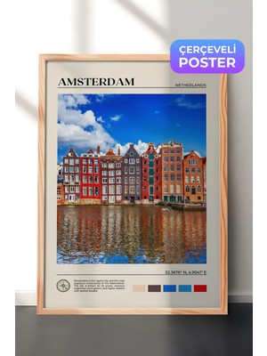 Zestia Ahşap Çerçeveli  Duvar Tablosu Amsterdam Kanal Evleri Renkli Şehir Manzarası Salon Dekoru