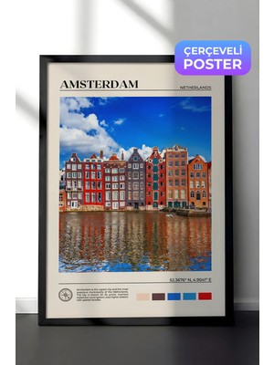 Zestia Siyah Çerçeveli  Duvar Tablosu Amsterdam Kanal Evleri Renkli Şehir Manzarası Salon Dekoru