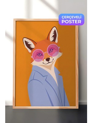 Zestia Ahşap Çerçeveli  Duvar Tablosu Pembe Gözlüklü Stil Sahibi Tilki Illüstrasyonu Salon Dekoru