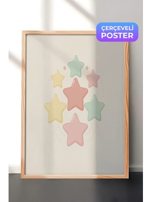 Zestia Ahşap Çerçeveli  Duvar Tablosu Pastel Yıldızlar Gökyüzü Rüyası Minimal Çocuk Odası Dekoru