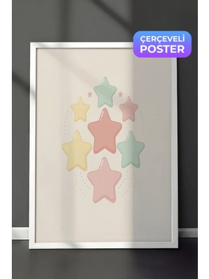 Zestia Beyaz Çerçeveli  Duvar Tablosu Pastel Yıldızlar Gökyüzü Rüyası Minimal Çocuk Odası Dekoru