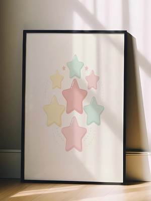 Zestia Siyah Çerçeveli  Duvar Tablosu Pastel Yıldızlar Gökyüzü Rüyası Minimal Çocuk Odası Dekoru
