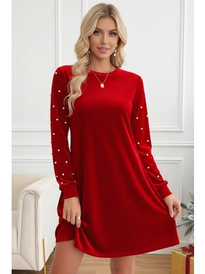 Kadın Inci Detay Yuvarlak Yaka Uzun Kollu Kadife Kumaş Elbise