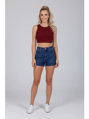 Kadın Bordo Kalın Askılı U Yaka Pamuklu Fitilli Likralı Kaşkorse Crop Atlet Bluz