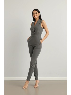 Kadın Gold Düğmeli Krep Kumaş Kendinden Kuşaklı Tulum