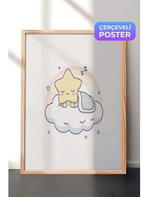 Zestia Ahşap Çerçeveli  Duvar Tablosu Bulut Üstünde Uyuyan Yıldız ve Pastel Gökkuşağı Çocuk Odası Dekoru