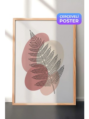 Zestia Ahşap Çerçeveli  Duvar Tablosu Pastel Geçişli Minimal Eğrelti Yaprağı Çizimi Salon Dekoru