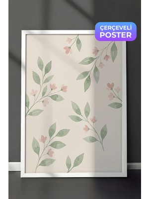 Zestia Beyaz Çerçeveli  Duvar Tablosu Pastel Yapraklar ve Pudra Çiçekler Sulu Boya Deseni Mutfak Dekoru