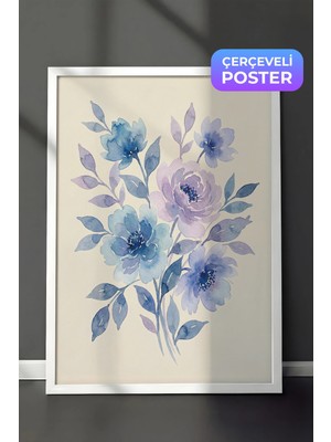 Zestia Beyaz Çerçeveli  Duvar Tablosu Mavi Lila Sulu Boya Çiçeklerin Zarif Dansı Salon Dekoru