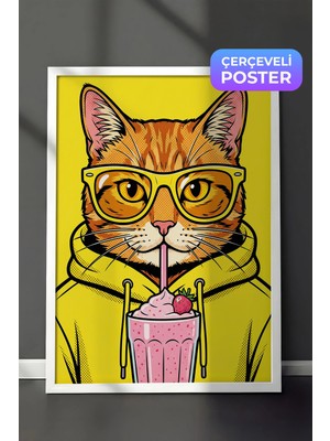 Zestia Beyaz Çerçeveli  Duvar Tablosu Neon Sarı Pop Art Gözlüklü Kedi Çocuk Odası Dekoru