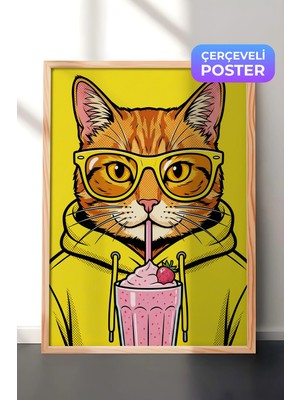 Zestia Ahşap Çerçeveli  Duvar Tablosu Neon Sarı Pop Art Gözlüklü Kedi Çocuk Odası Dekoru