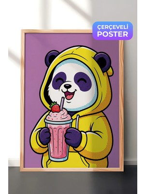 Zestia Ahşap Çerçeveli  Duvar Tablosu Sarı Kapüşonlu Panda Çilekli Milkshake Neşesi Çocuk Odası Dekoru
