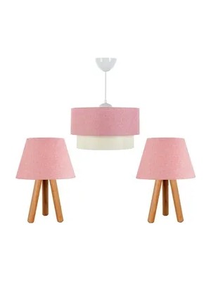 Vivense Evlight Üçlü Avize ve Ahşap Abajur Oda Seti, Pembe
