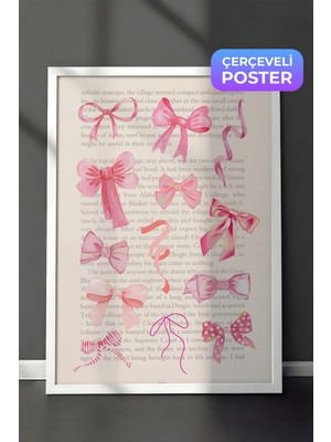 Zestia Beyaz Çerçeveli Duvar Tablosu Pembe Fiyonk Desenleri Çocuk Odası Dekoru