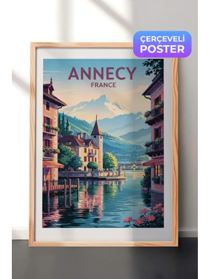Zestia Ahşap Çerçeveli  Duvar Tablosu Annecy Fransa Göl ve Dağ Manzarası Salon Dekoru