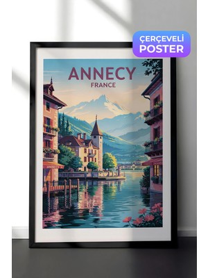 Zestia Siyah Çerçeveli  Duvar Tablosu Annecy Fransa Göl ve Dağ Manzarası Salon Dekoru