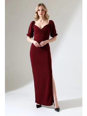 Kadın Krep Kumaş Kruvaze Yaka Balon Kol Yırtmaç Detaylı Maxi Elbise