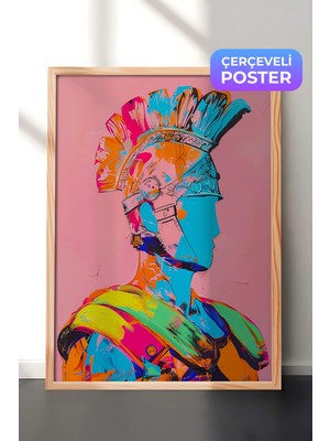 Zestia Ahşap Çerçeveli Duvar Tablosu Fütüristik Renkli Savaşçı Kafası Pop Art Salon Dekoru