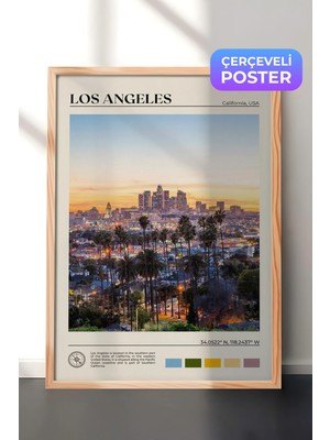 Zestia Ahşap Çerçeveli  Duvar Tablosu Los Angeles Skyline Şehir Manzarası Salon Dekoru