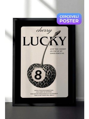 Zestia Siyah Çerçeveli  Duvar Tablosu Lucky Kiraz Leopar Desen Retro Salon Dekoru
