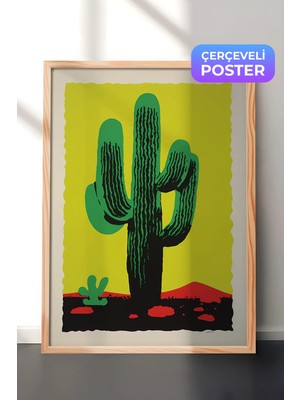 Zestia Ahşap Çerçeveli Duvar Tablosu Canlı Yeşil Kaktüs Grafik Botanik Poster Salon Dekoru