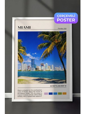 Zestia Beyaz Çerçeveli  Duvar Tablosu Miami Palmiye Sahili Şehir Manzarası Salon Dekoru