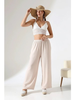 %100 Pamuk Müslin Cepli Palazzo Pantolon