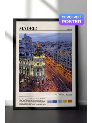 Zestia Siyah Çerçeveli  Duvar Tablosu Madrid Gece Şehir Manzarası Salon Dekoru