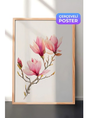 Zestia Ahşap Çerçeveli Duvar Tablosu Pembe Manolya Dalları Minimal Botanik Çiçek Çizimi Yatak Odası Dekoru