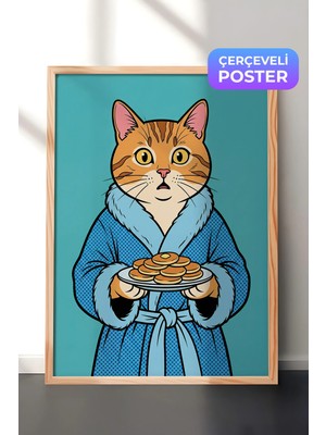 Zestia Ahşap Çerçeveli  Duvar Tablosu Mavi Bornozlu Kedi ve Pankek Ritüeli Pop Art Salon Dekoru