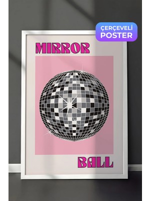 Zestia Beyaz Çerçeveli Duvar Tablosu Pembe Zeminli Disko Topu Modern Retro Sanat Salon Dekoru