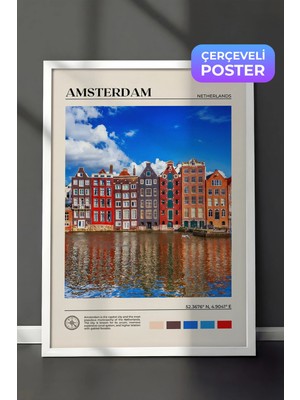 Zestia Beyaz Çerçeveli  Duvar Tablosu Amsterdam Kanal Evleri Renkli Şehir Manzarası Salon Dekoru