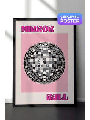 Zestia Siyah Çerçeveli Duvar Tablosu Pembe Zeminli Disko Topu Modern Retro Sanat Salon Dekoru