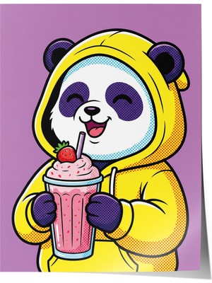 Zestia Poster Sarı Kapüşonlu Panda Çilekli Milkshake Neşesi Çocuk Odası Dekoru