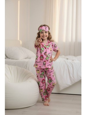 Pijakids - Serenad Pjkö Labubu Desenli Pembe Kısa Kollu Önden Düğmeli Kız Çocuk Pijama Takımı 4-12 Yaş 525K