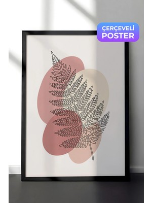 Zestia Siyah Çerçeveli  Duvar Tablosu Pastel Geçişli Minimal Eğrelti Yaprağı Çizimi Salon Dekoru