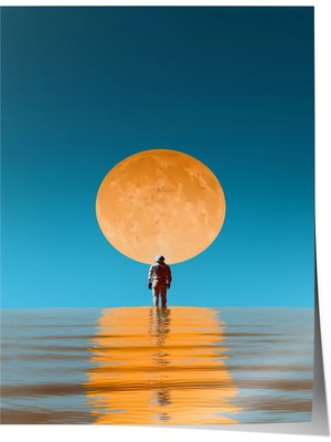 Zestia Premium Poster Deniz Ufku Önünde Dev Ay ve Insan Silüeti Salon Dekoru