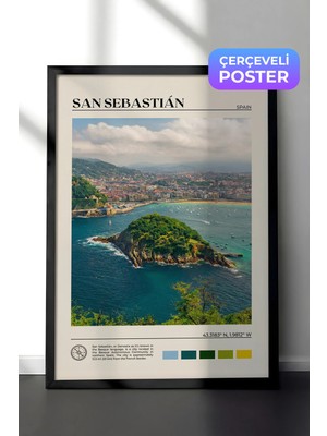 Zestia Siyah Çerçeveli  Duvar Tablosu San Sebastian Körfezi ve Ada Manzarası Ispanya Salon Dekoru