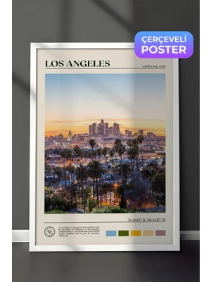 Zestia Beyaz Çerçeveli  Duvar Tablosu Los Angeles Skyline Şehir Manzarası Salon Dekoru