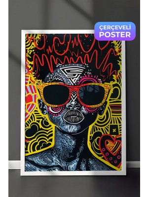 Zestia Beyaz Çerçeveli Duvar Tablosu Renkli Desenlerle Pop Art Kedi Figürü Salon Dekoru
