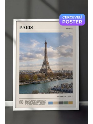 Zestia Beyaz Çerçeveli  Duvar Tablosu Paris Eyfel Kulesi Seine Nehri Şehir Manzarası Salon Dekoru