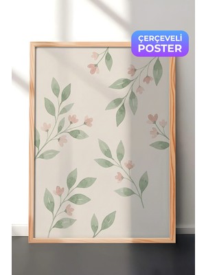 Zestia Ahşap Çerçeveli  Duvar Tablosu Pastel Yapraklar ve Pudra Çiçekler Sulu Boya Deseni Mutfak Dekoru