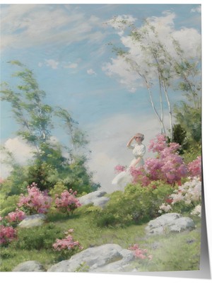 Zestia Premium Poster Pastel Tonlarda Bahar Bahçesi Çiçekli Doğa Manzarası Salon Dekoru