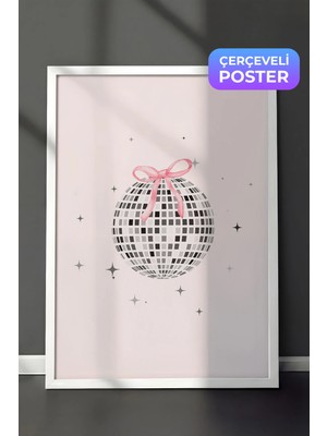Zestia Beyaz Çerçeveli Duvar Tablosu Pembe Fiyonklu Disko Topu Retro Pop Sanat Illüstrasyonu Salon Dekoru