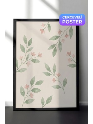 Zestia Siyah Çerçeveli  Duvar Tablosu Pastel Yapraklar ve Pudra Çiçekler Sulu Boya Deseni Mutfak Dekoru