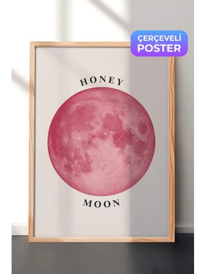 Zestia Ahşap Çerçeveli Duvar Tablosu Pembe Dolunay Honey Moon Minimal Gökyüzü Yatak Odası Dekoru