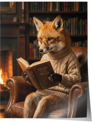 Zestia Poster Kitap Okuyan Bilge Tilki Portresi Çalışma Odası Dekoru