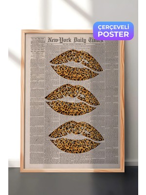 Zestia Ahşap Çerçeveli  Duvar Tablosu Leopar Desenli Dudaklar Pop Art Genç Odası Dekoru